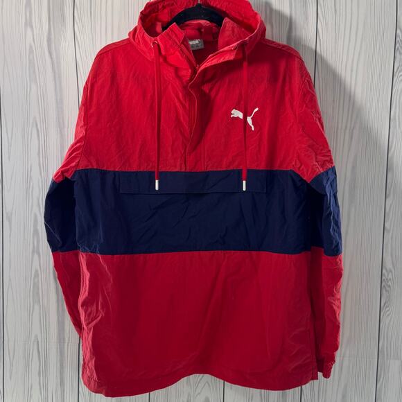 Y2K Men’s Puma Red Blue Front Pocket Windbreaker Jacket size Medium - Picture 1 of 9